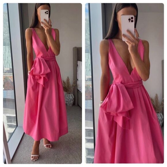 Zara Bow Pink Midi Dress Deep Plunge Poplin New Barbiecore Barbie - Picture 1 of 16